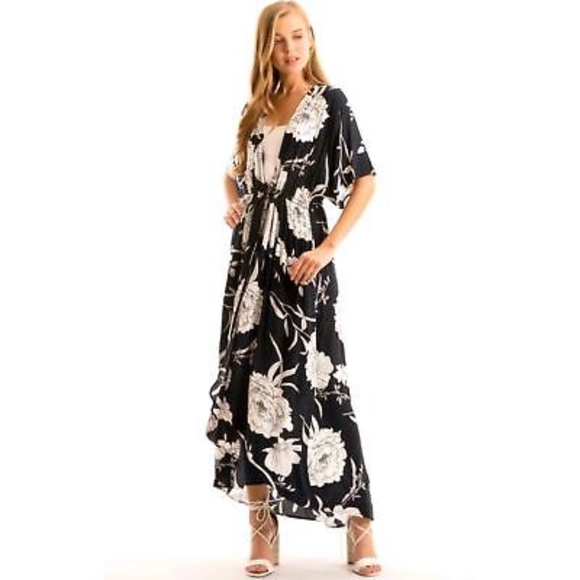 Tie Front Floral Kimono Duster Navy - Picture 3 of 7